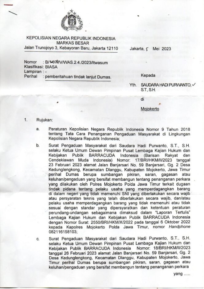 
					Pemberitahuan Tindak Lanjut Dumas