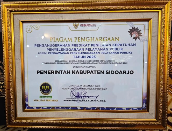 
					Pelayanan Publik Sidoarjo Zona Hijau Kualitas Tertinggi, Ombudsman RI Beri Nilai 95,95