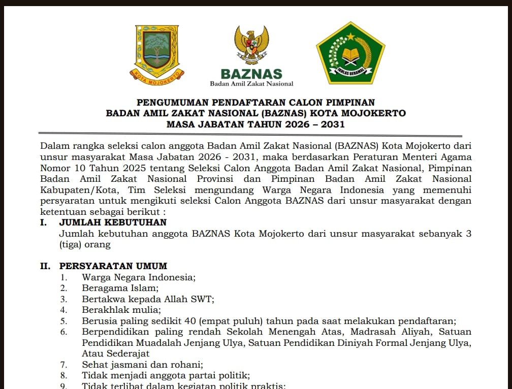 Seleksi Calon Pimpinan BAZNAS Kota Mojokerto Periode 2026–2031 Resmi Dibuka